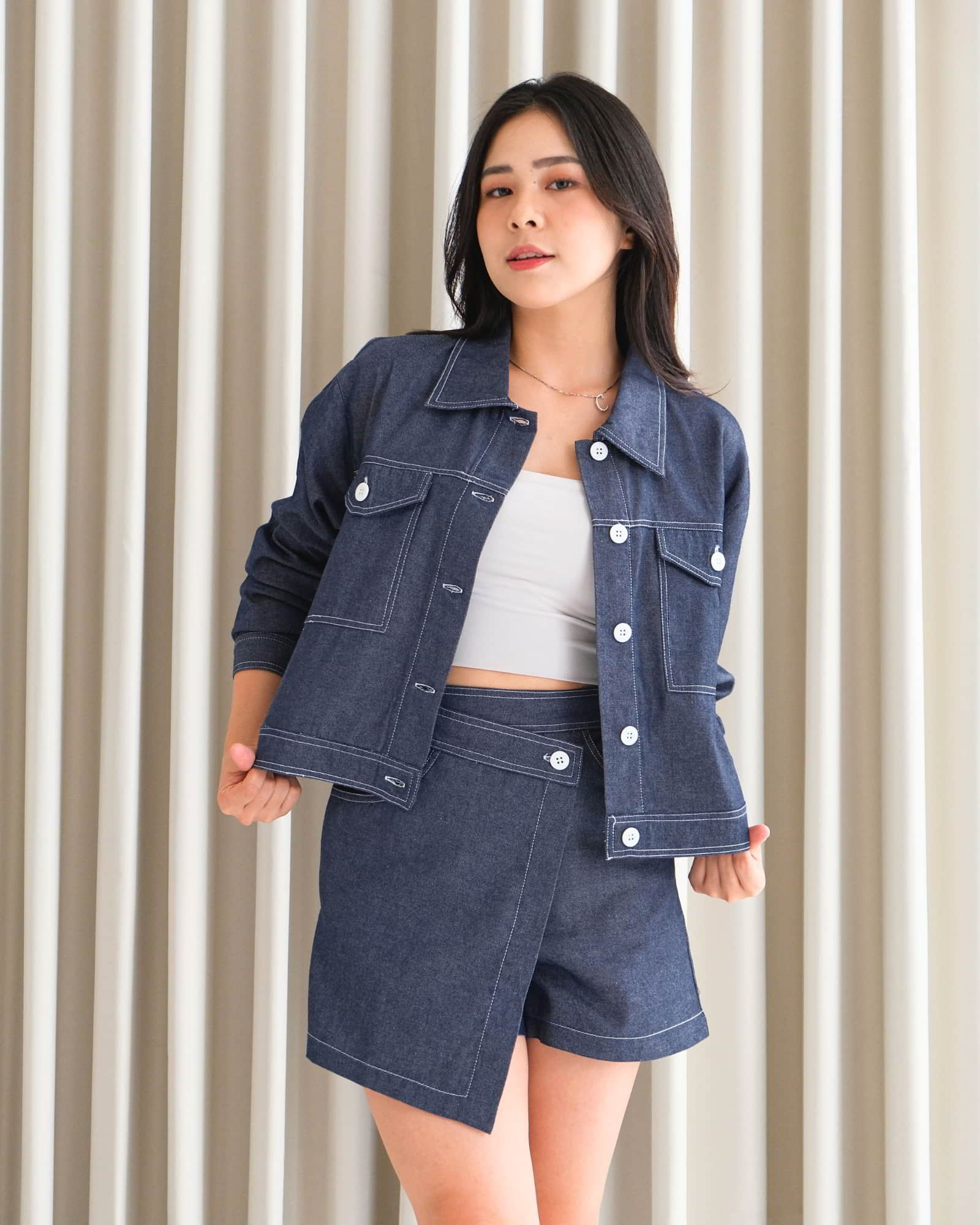 Ms Daisy Andrea Contrast Stitch Denim Top/Bottom/Set