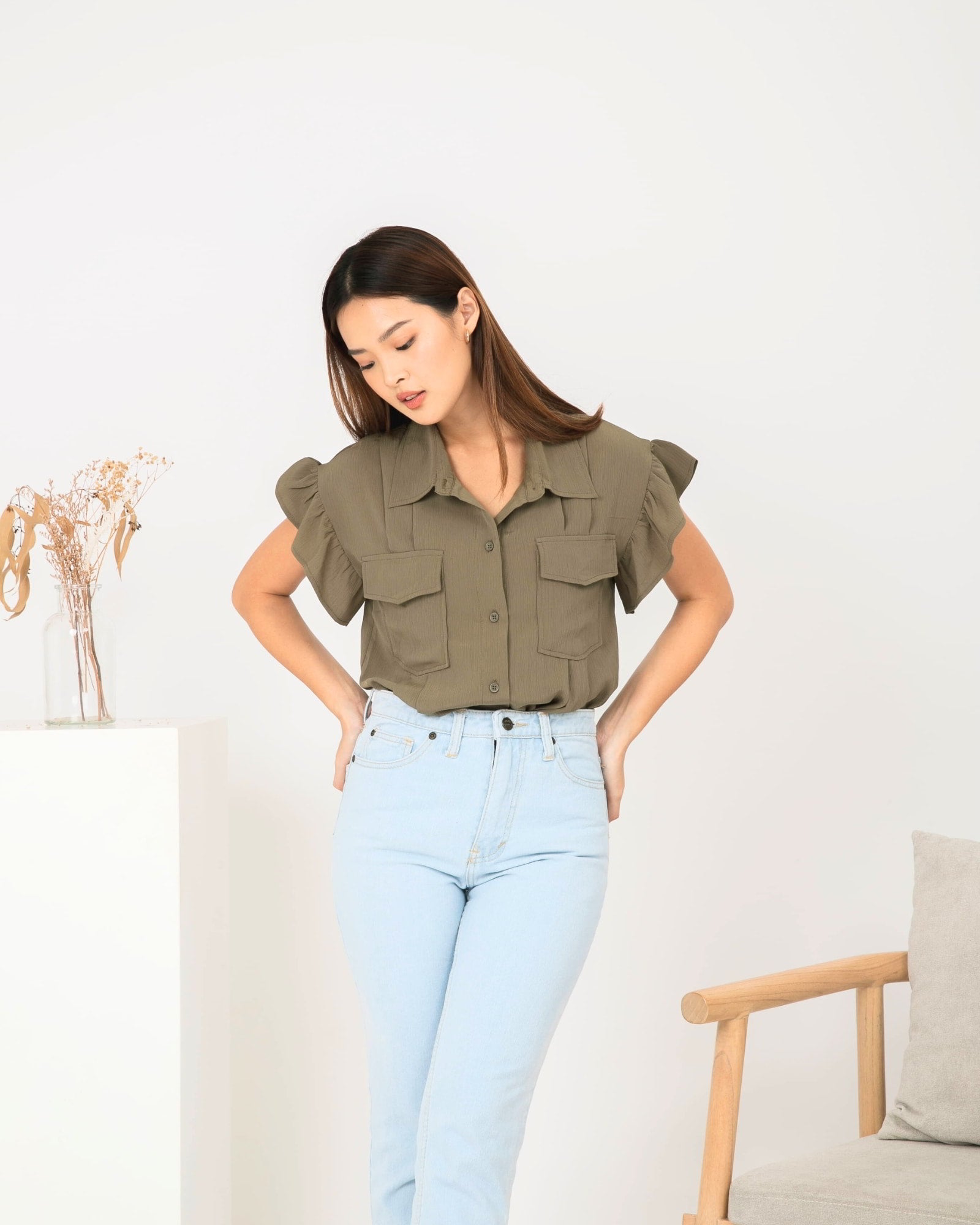 Ms Daisy Niki Flutter Sleeve Top with Pockets