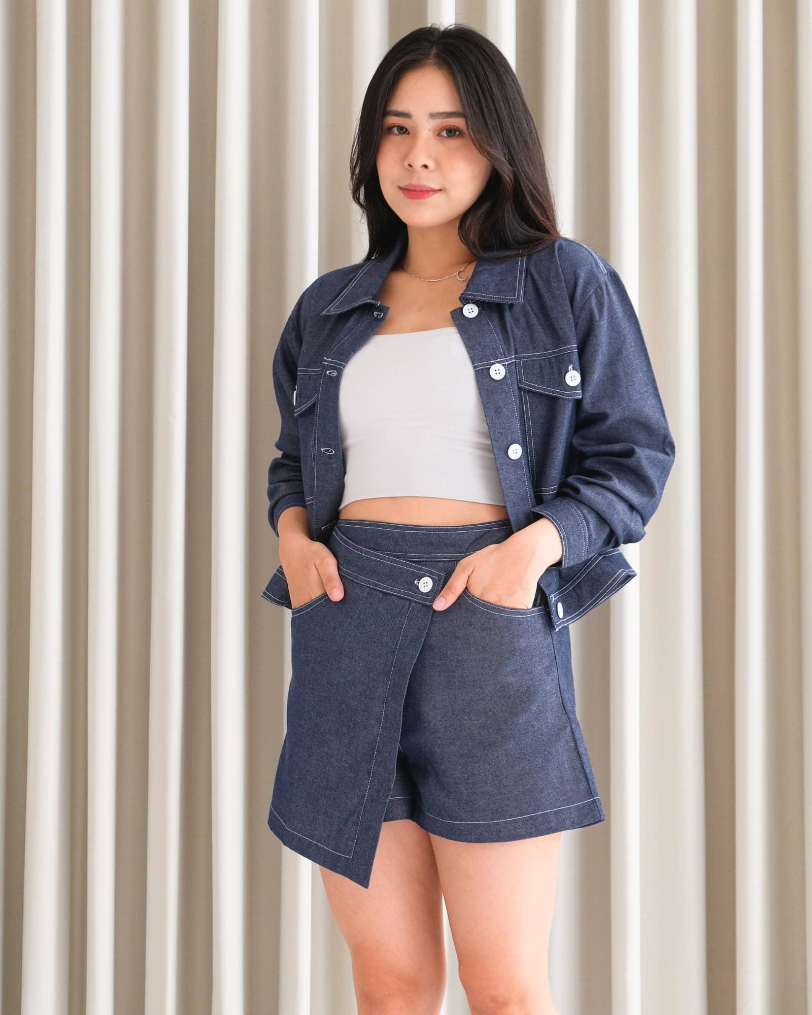 Ms Daisy Andrea Contrast Stitch Denim Top/Bottom/Set